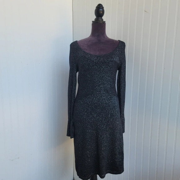 NWT WHITE HOUSE BLACK MARKET Black Silver Metallic Shimmer Knit Sweater Dress S - Picture 1 of 16